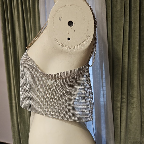 Silver Crystal Chain Tank Top Glitter Metal Mesh top - Picture 2 of 10
